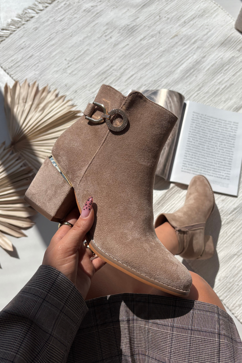 Damskie Ocieplane Botki Złote Detale Obcas Słupek Beżowe Dorisse