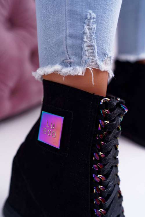 Sneakersy Damskie Lu Boo Czarne Zamszowe z Opalizującymi Łańcuchami Monica