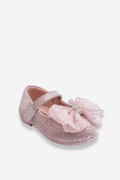 Balerinki Dziecięce Kokarda Brokat Rzep Srebrno-Różowe Elisa