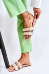 Women's Leather Slippers With Decorative Pearls Beige Lasello