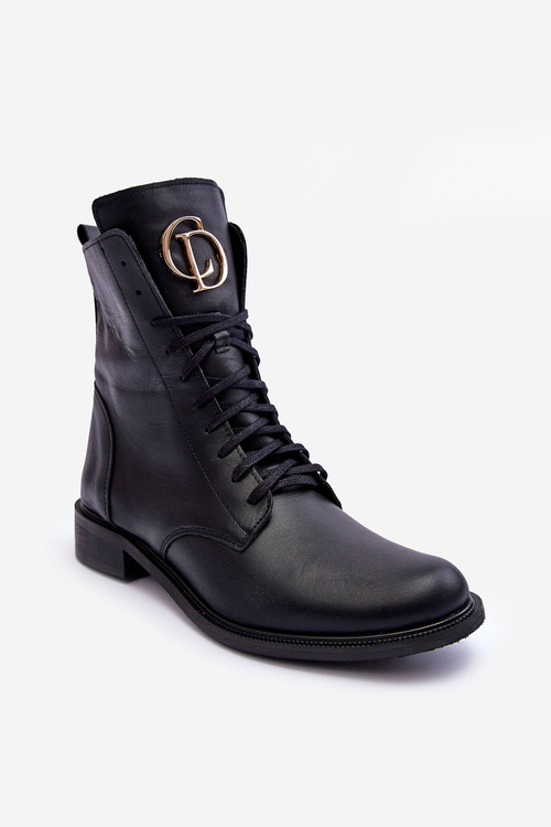 Leather Lace-Up Boots With Ornament Black Nicole 2750