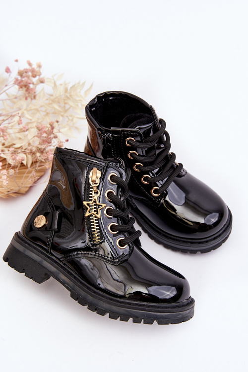 Botki Dziewczęce Lakierowane Na Suwak Ocieplane Czarne Felori