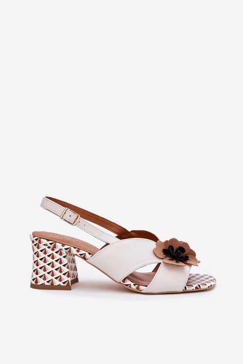 Leather Women's Sandals On Heel With Flowers Laura Messi 2950 White