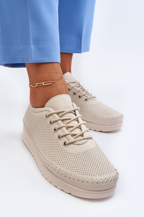 Sportowe Buty Trampki Damskie Skórzane Beżowe Lalnai