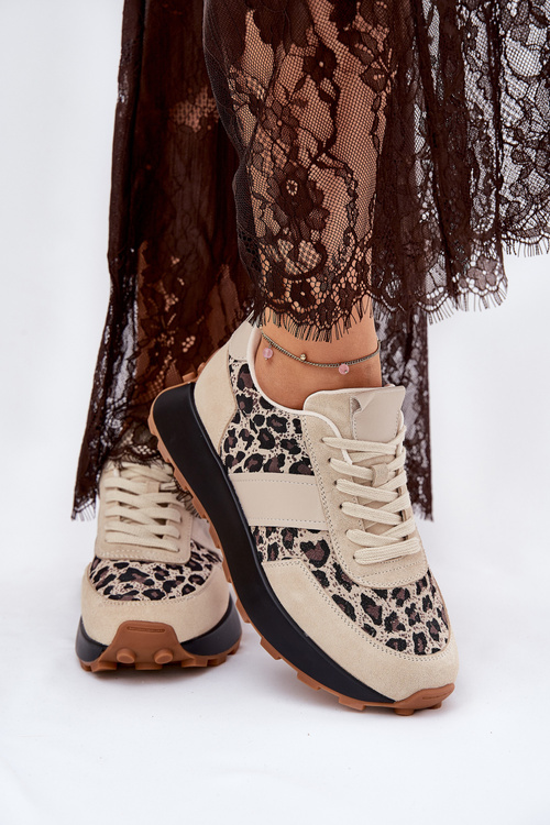 Sneakersy Damskie Zamszowe Platforma Panterka Beżowe Vinceza 66793