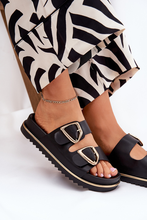 Women's Platform Slippers With Golden Buckles Black Tersele