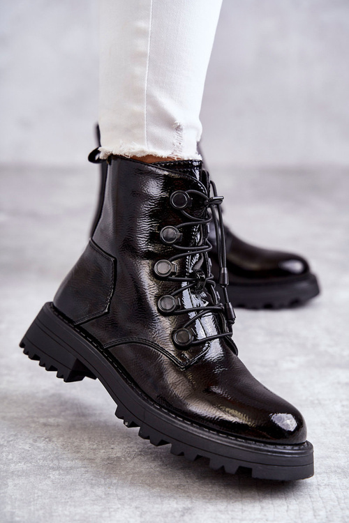 Women's Laquered Warm Boots With Ribbed Black Helia