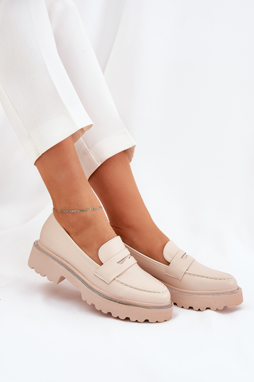 Eko Skórzane Mokasyny Damskie Z Cyrkoniami Beżowe Wilamla