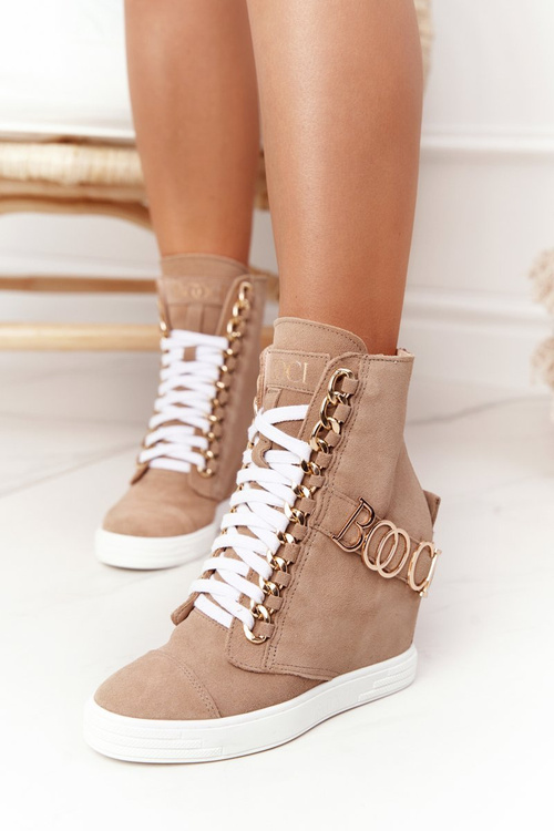 Women’s Suede Wedge Sneakers BOOCI Golden Letters Light Camel