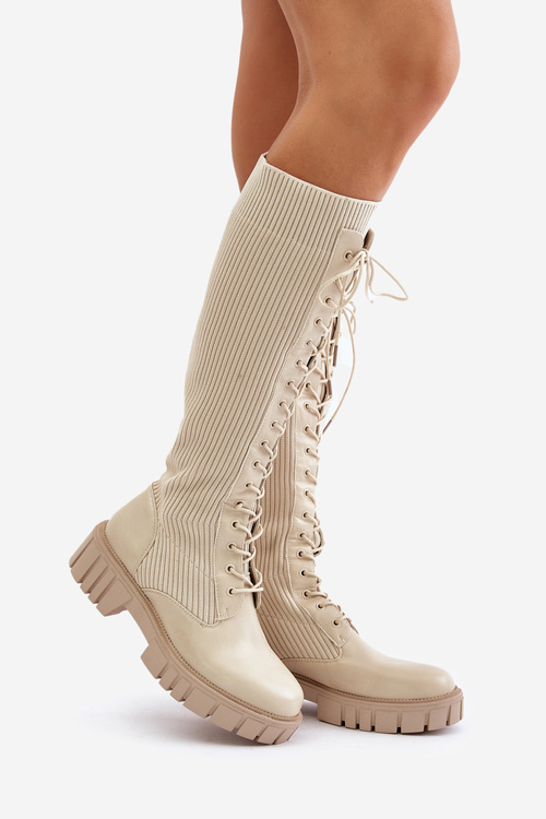 Women's Sock Boots with Laces on Flat Heel Beige Vamisha