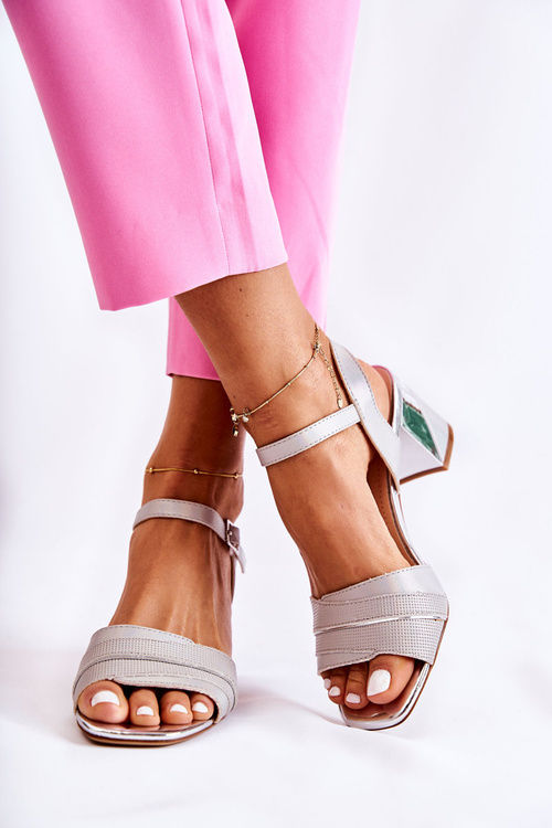 Sandały Skórzane Na Słupku Srebrne Corane