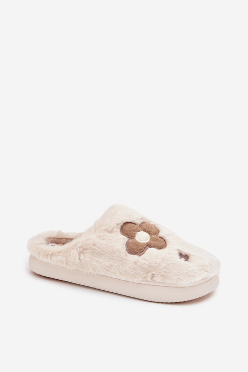 Furry slippers with flowers beige Selinne