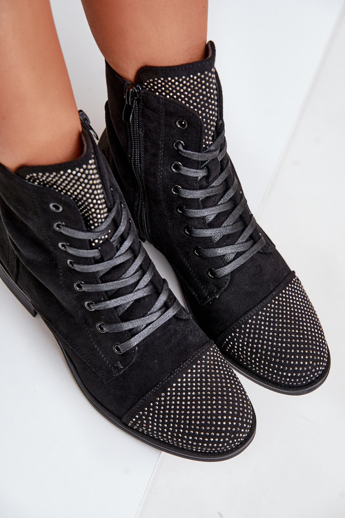 Embellished ankle boots with flat heel eco suede insulated black Ellieo