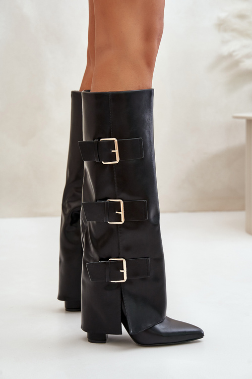 Damskie Kozaki Obcas Słupek Wywinięta Cholewka Czarne Klamry Piregonia