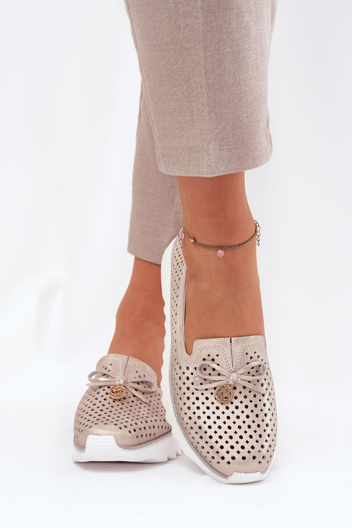 Półbuty Damskie Ażurowe Na Platformie Skóra Naturalna Złote D&A LR51-631