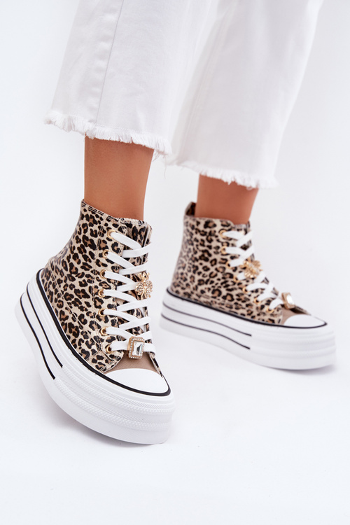 Womens High Top Sneakers On Massive Platform With Clips Leopard Gold Olivana