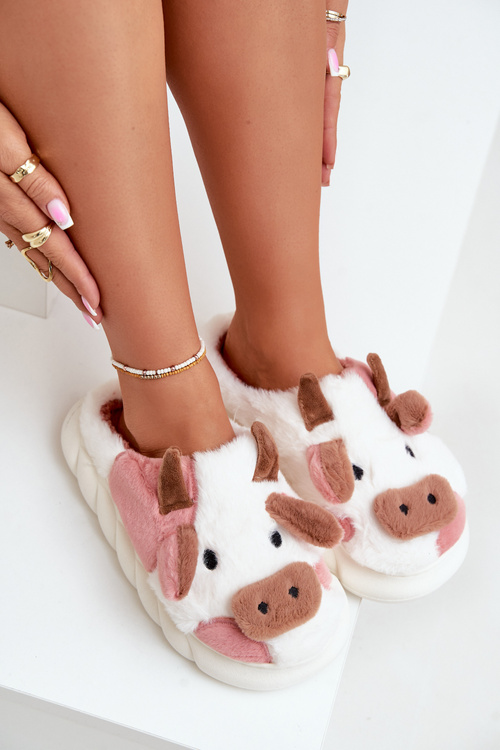 Kapcie Krowy Futrzane Na Grubej Podeszwie Różowe Remiola