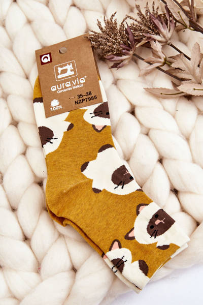 Women's Funny Socks Animal Pattern Cats Dark yellow