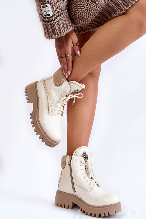 Women's Leather Trapper Boots Light beige Vergo