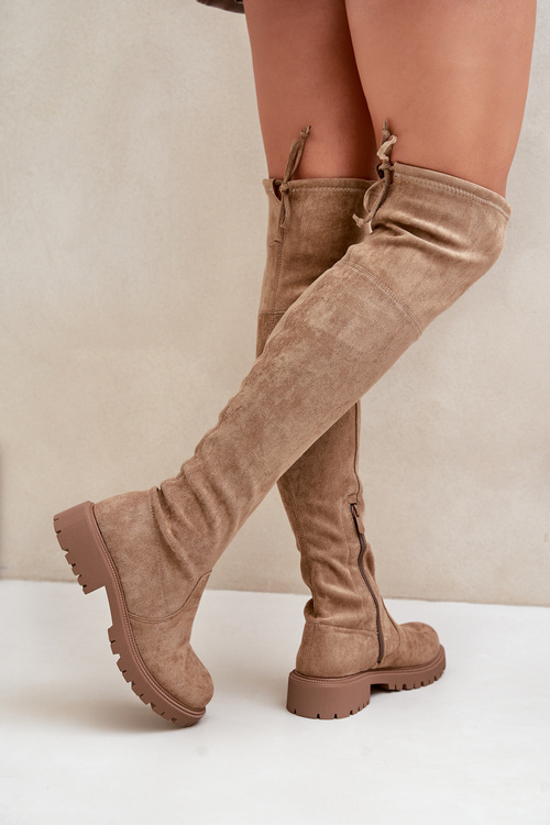 Knee High Boots On Flat Heel Made Of Eco Suede Beige Arkelia