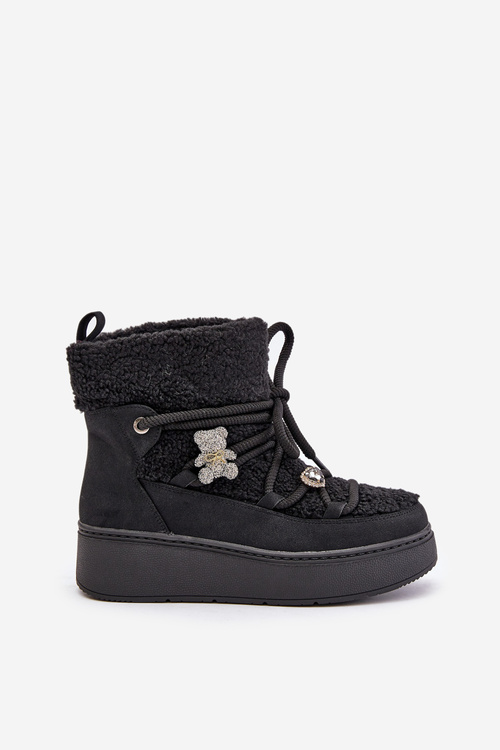 Damskie Śniegowce Na Platformie Z Przypinkami I Futerkiem Czarne Almatiza
