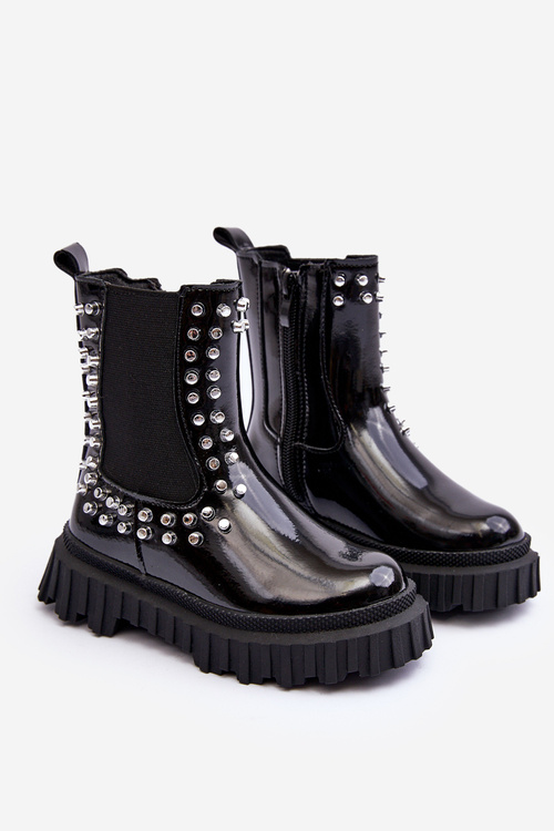 Girls' Shiny Ankle Boots Decorated with Rhinestones Black Adelie