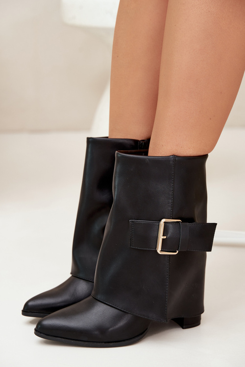 Insulated ankle boots on a heel with a rolled top and gold buckle black Ylenara