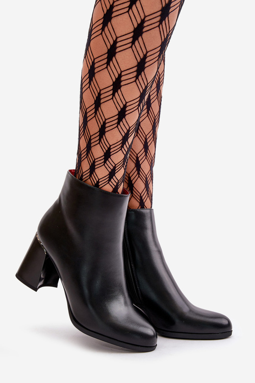 Damskie Botki Gładkie Na Słupku Ocieplane Eko Skórzane Czarne Milisea