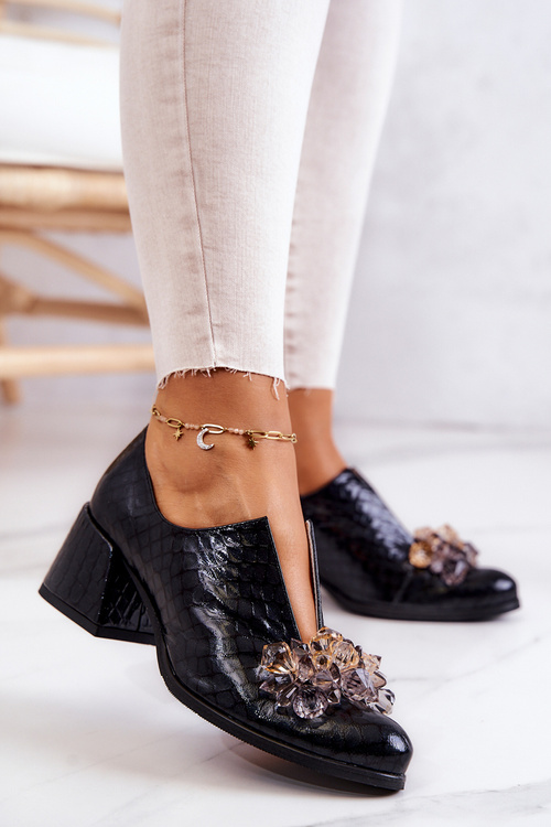 Leather Brogues Crocodile Pattern With Ornament Black Delaver