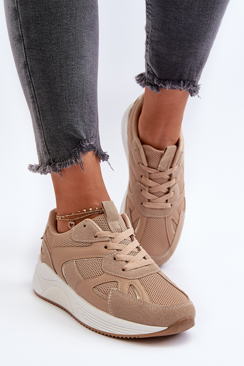 Sneakersy Na Platformie Damskie Beżowe Lenivia 9277