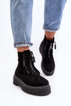 Women's Suede Trapper Boots with Thick Sole and Zipper Black Edivame