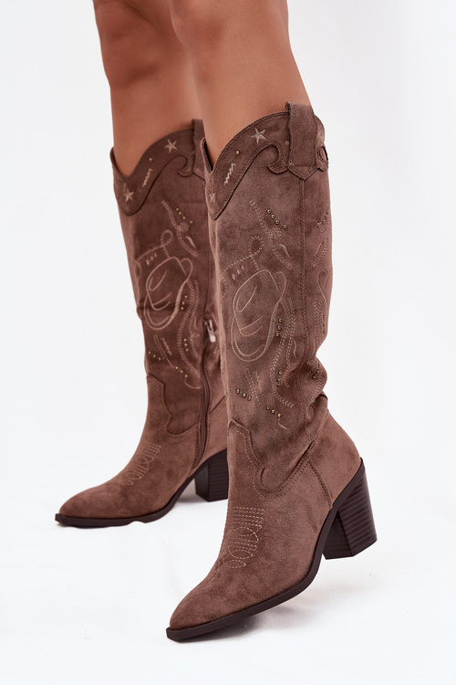 Damskie Kozaki Kowbojki Eko Zamszowe Obcas Khaki Coretta