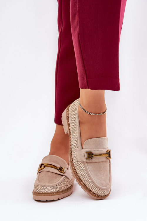 Mokasyny Damskie Eko Zamszowe Ze Złotym Detalem I Plecionką Beżowe Seffolia