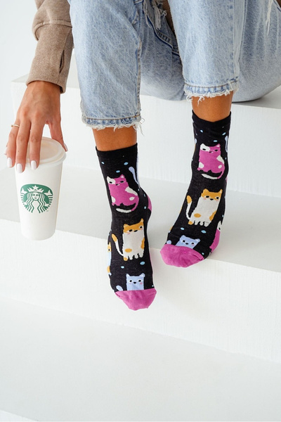 Women's socks colorful cats and dots black
