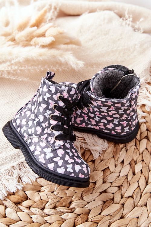 Leather Woolen Boots Warmed with Grey Butterflies Amy