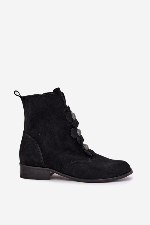 Suede women's ankle boots Zazoo 3085 black with decorative flowers