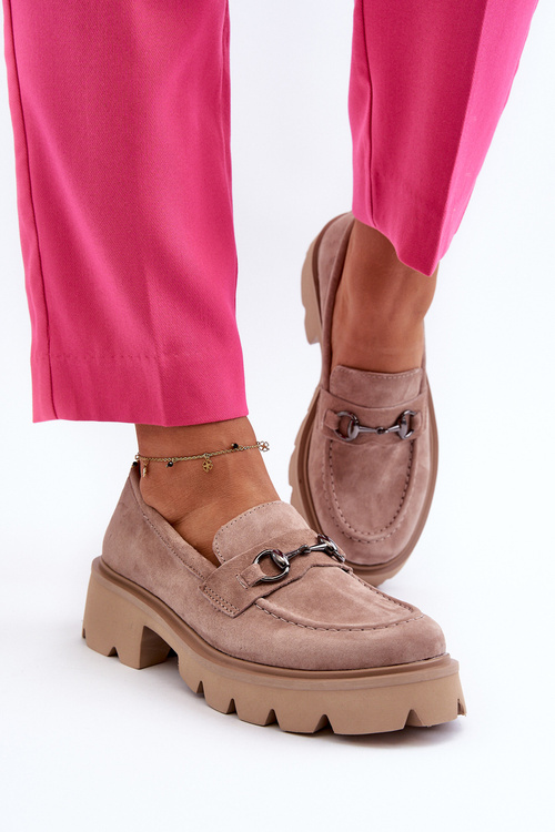 Mokasyny Masywne Zamsz Damskie Beżowe Neloria 7888