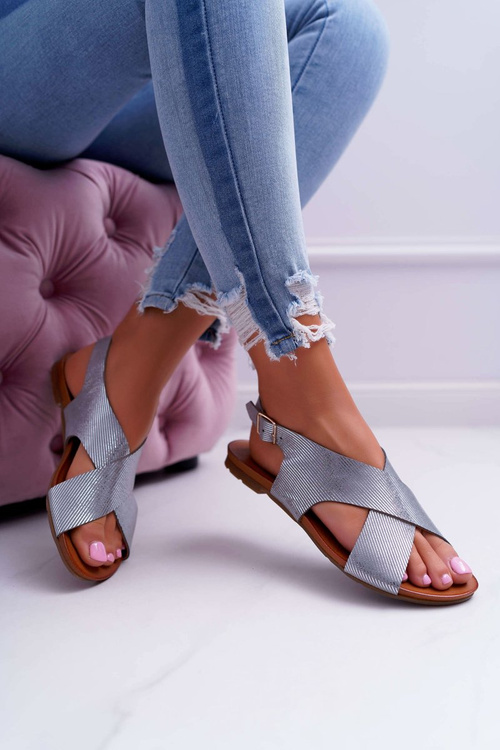 Laura Messi Silver 1960 Women's Flat Leather Sandals.