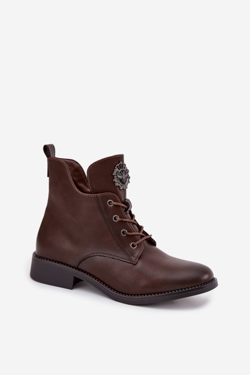 Low Women's Ankle Boots On Flat Heel With Decorative Detail Lined Brown Cylira