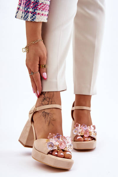Fashionable Sandals With Crystals On Chunky Heels Beige Garrett