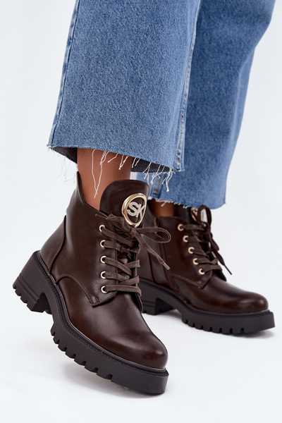 Warm Lined Women's Ankle Boots with Golden Detail Chocolate Kavirae