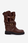 Wrinkled Women's Boots To The Middle Of The Leg With Straps And Buckles Brown Halvessa