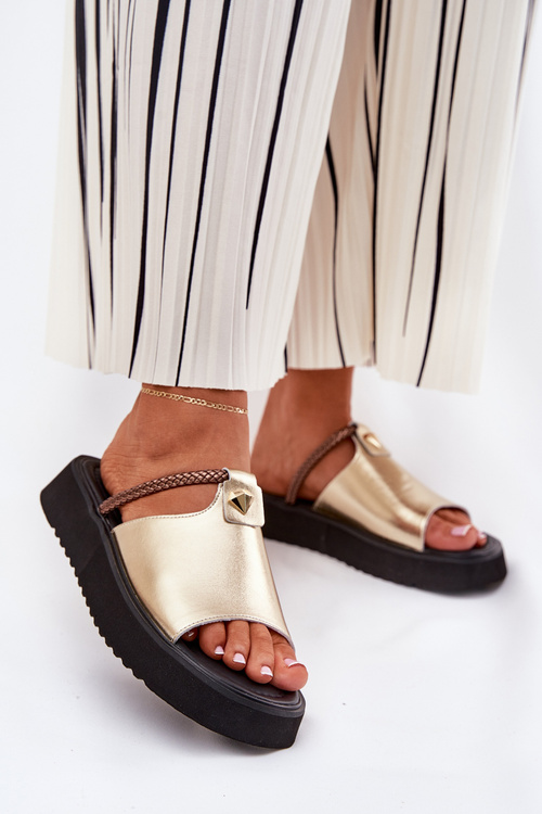 Women's leather sandals on platform with decorative strap D&A MK51-475 Gold