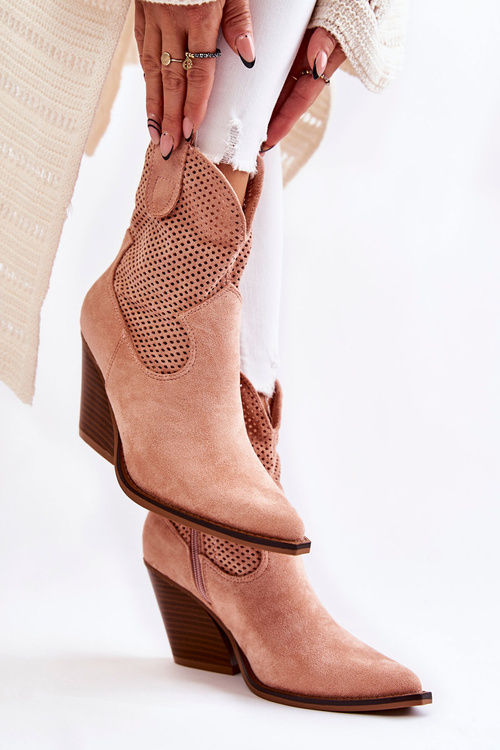 Botki Kowbojki Damskie Zamsz Ażurowe Różowe Eleonore