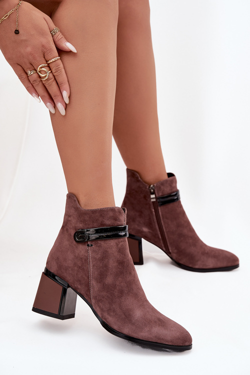 Suede Leather Women's Ankle Boots With Heel With Decorative Strap Insulated D&A CR52-650 Brown
