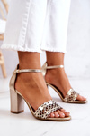 Sandałki Skórzane Ażurowe Na Obcasie Lewski Złote 2869