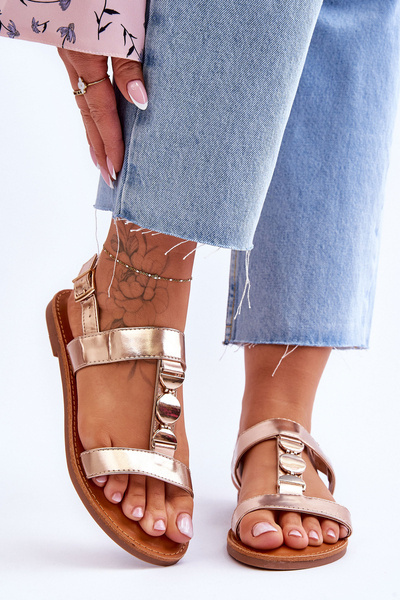 Sandały Damskie Płaskie Ozdobny Pasek Złote Berry