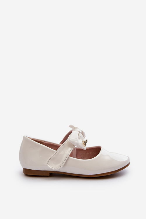 Children's Patent Leather Ballerina Flats with Velcro Bow White Cat
