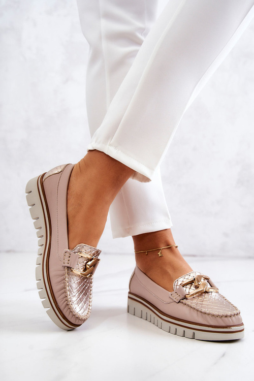 Mokasyny Damskie Skórzane Platforma Beżowe Venesia