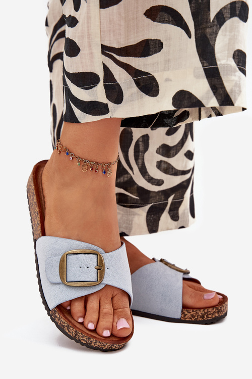 Damskie Klapki Eko Zamszowe Z Klamrą Korkowa Platforma Niebieskie Zavira